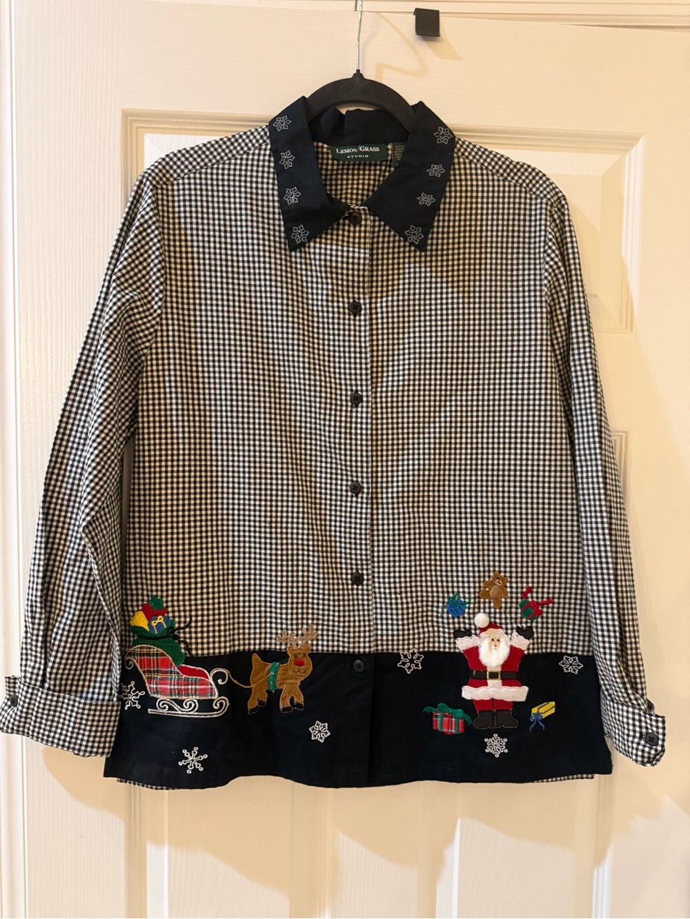 VTG Lemon Grass Studio 100% Cotton B & W Gingham Embroidered Xmas Top